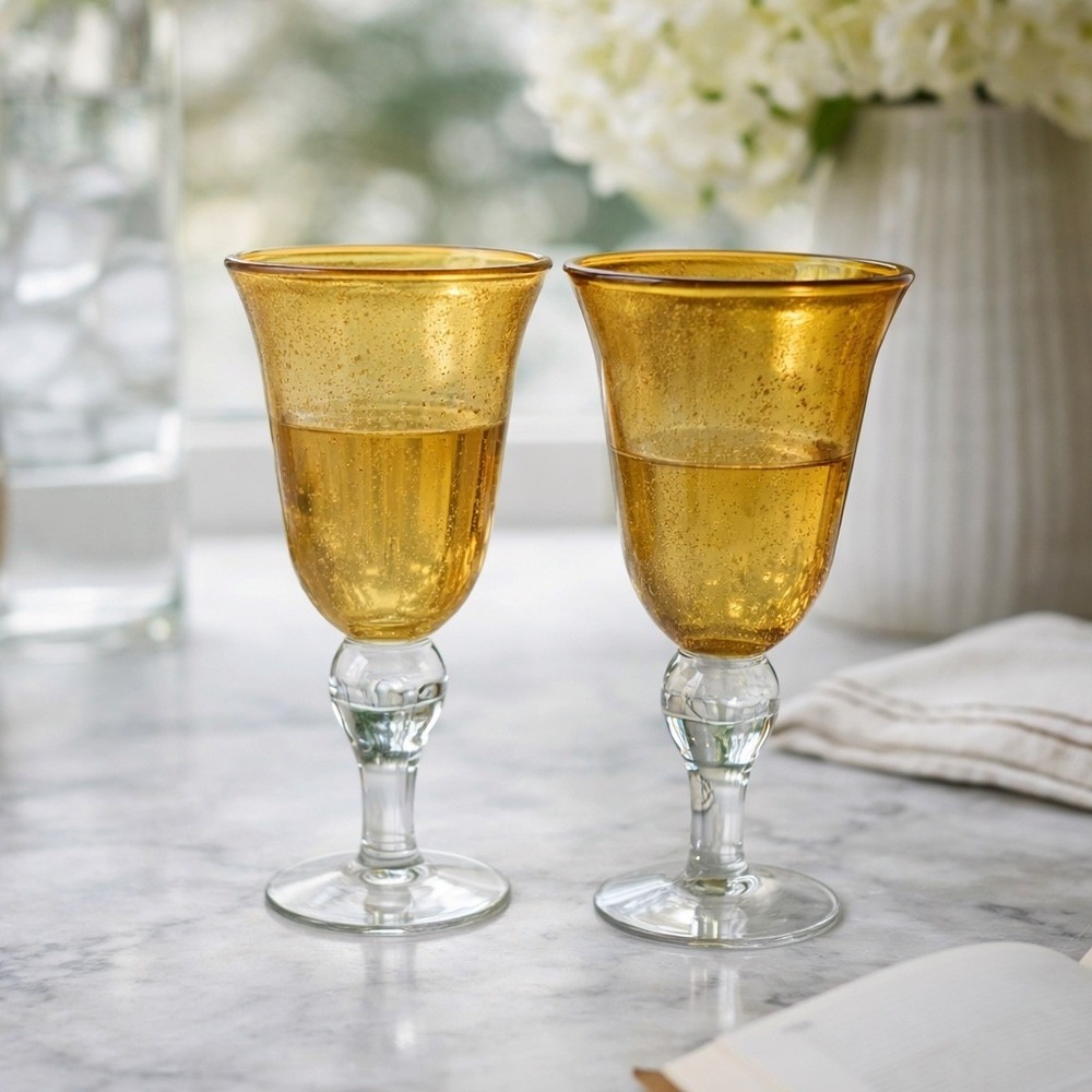 Artland Iris Amber Wine Water Goblets Set of 2 Hand Blown Seeded Bubble Glass‎